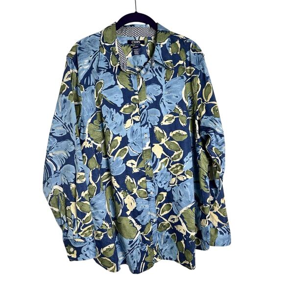 Chaps Shirt Blouse Shirt Tropical Coastal Palm Leaf Print Plus 2X Contras Cuff - Picture 1 of 8